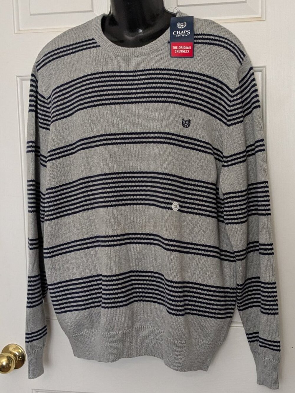 Chaps Striped Sweater Crewneck Pullover Navy Blue Gray Logo Men’s Size XL NWT